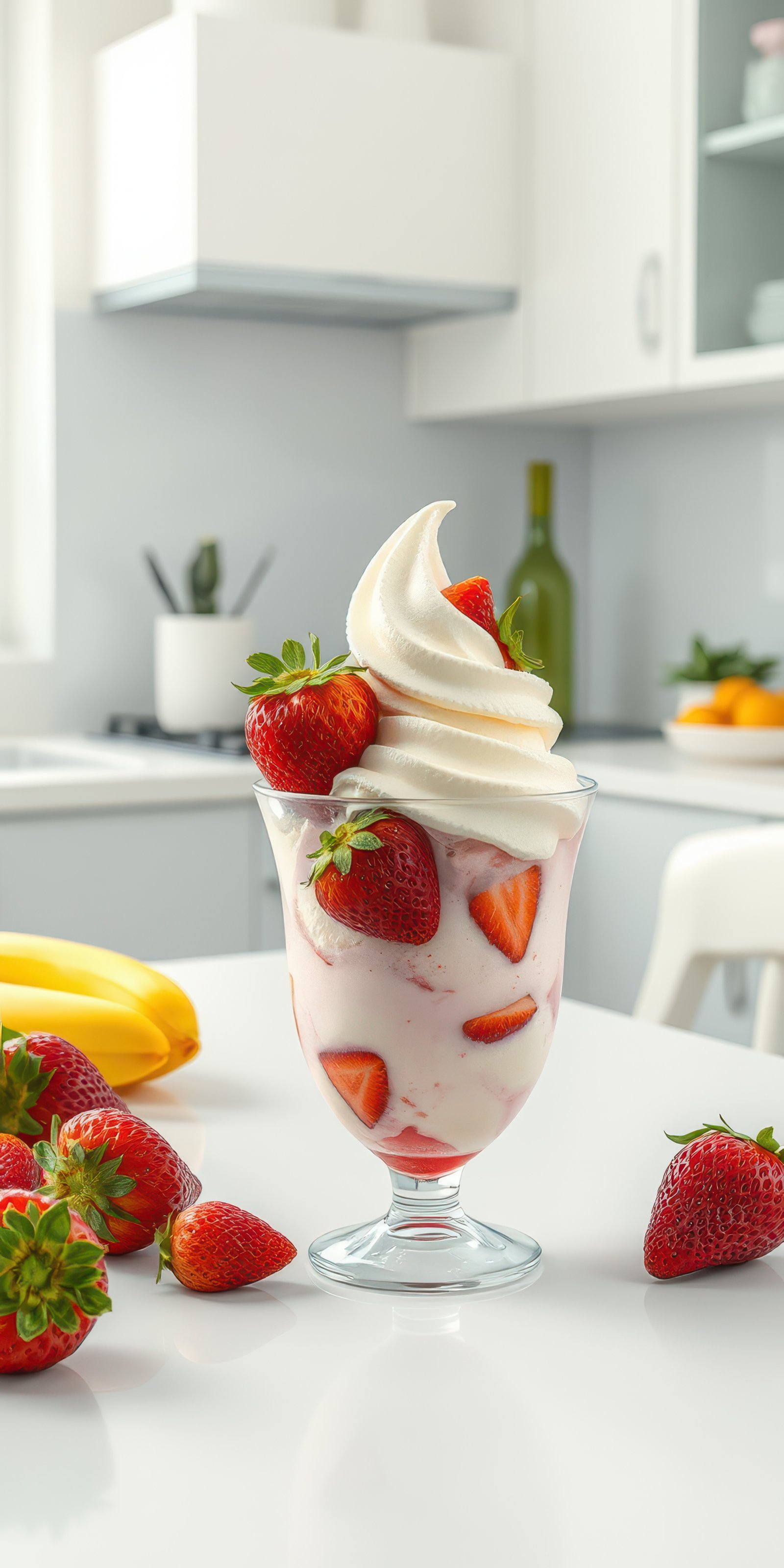 Fresh dessert with strawberries and whipped cream in a bright kitchen featuring fruit on the table